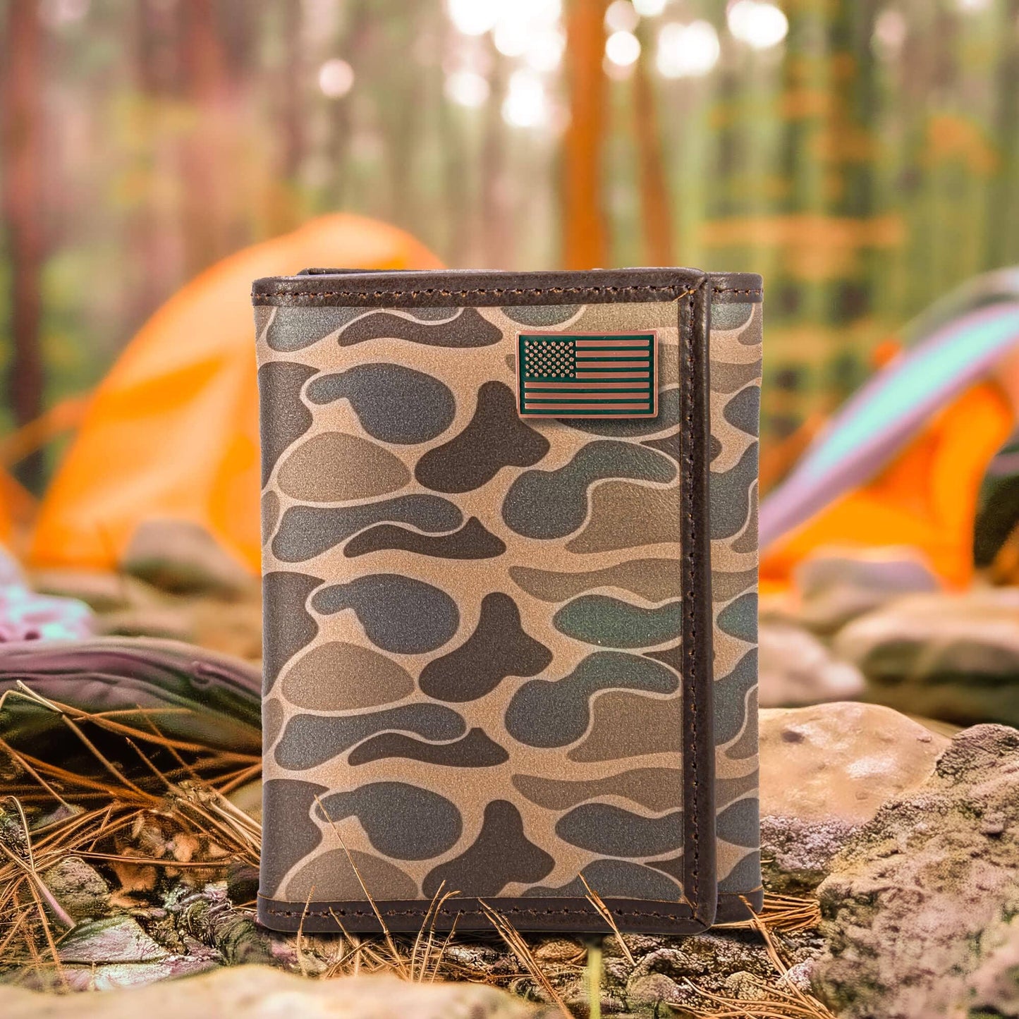 Men's Trifold OS Camo Leather Wallet - USA Flag