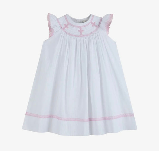 Pink Lace Smocked Cross Bishop Dress