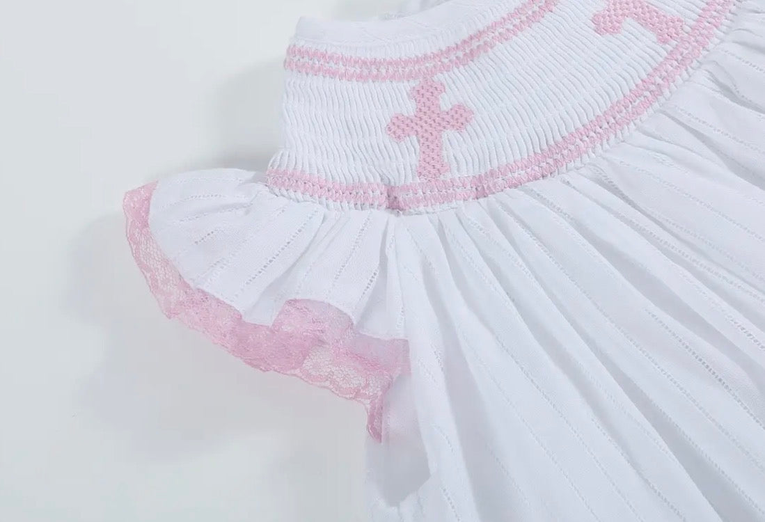 Pink Lace Smocked Cross Bishop Dress