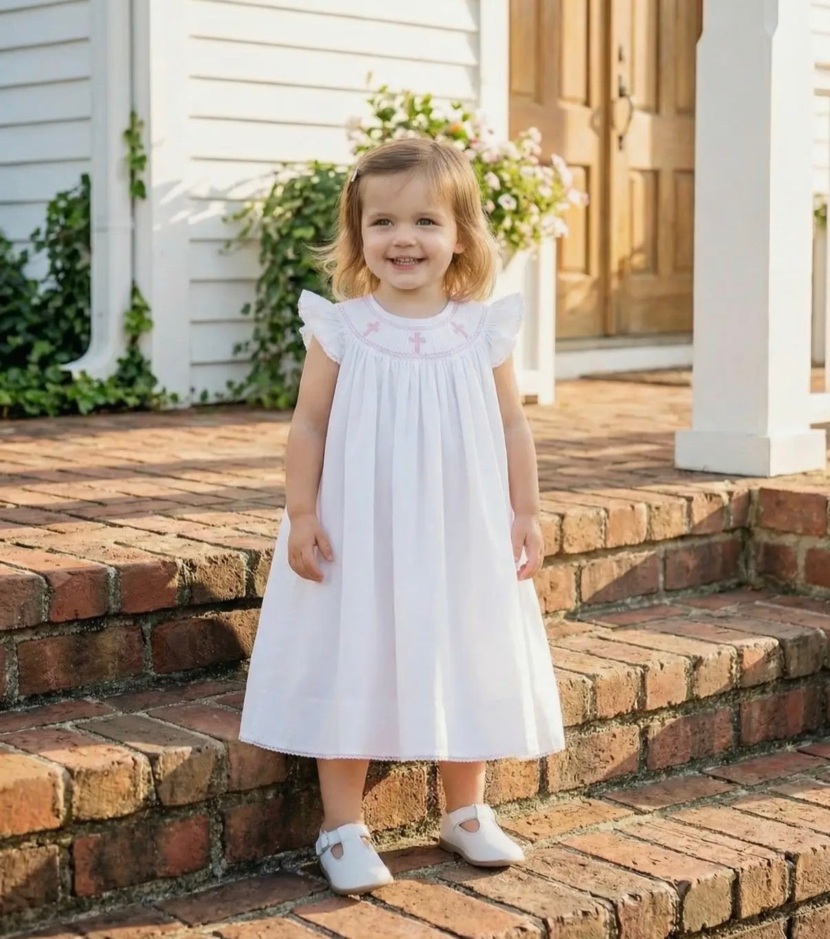 White/Pink Cross Bishop Dress