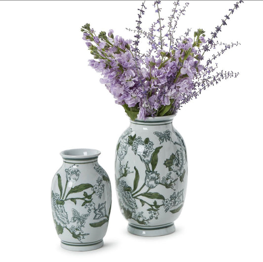 11 1/2” Primrose and Lotus Green and White Chinoiserie Vase