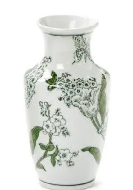 7.75” Primrose and Lotus Green and White Chinoiserie Vase