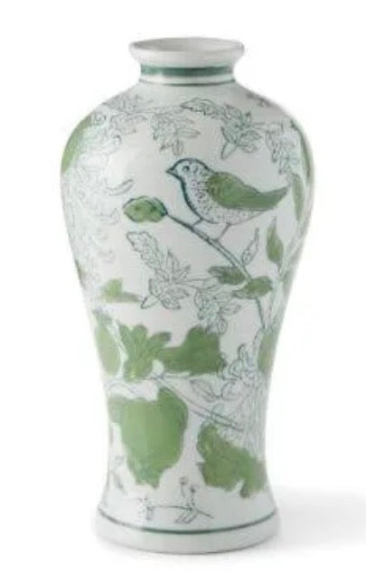 7.75” Primrose and Lotus Green and White Chinoiserie Vase