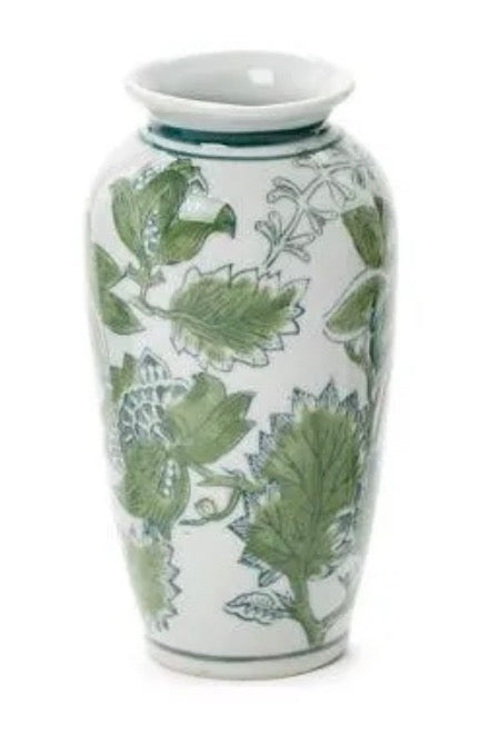 8” Primrose and Lotus Green and White Chinoiserie Vase