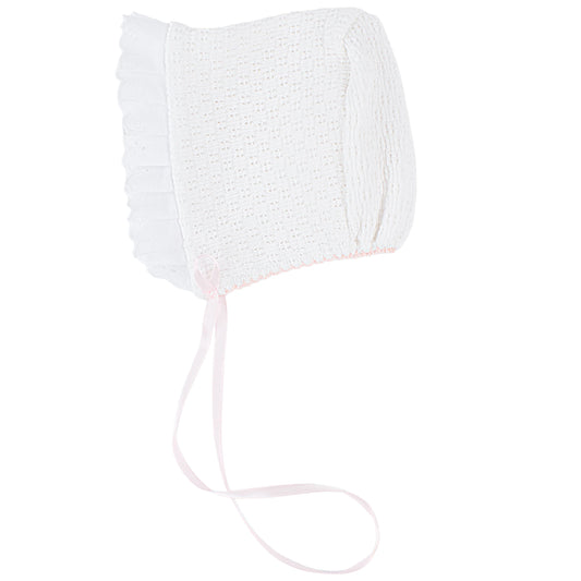 Paty Knit Bonnet with Eyelet Trim-Pink