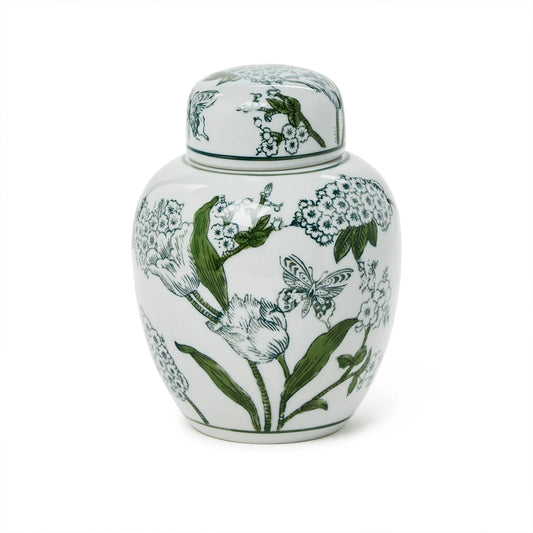 7 1/2” Primrose and Lotus Green and White Chinoiserie Hexagonal Temple Jar with Lid