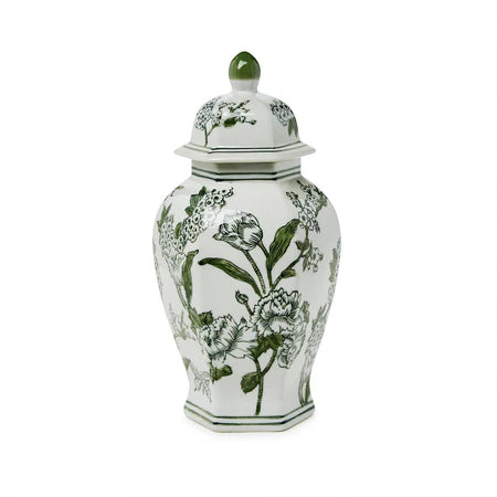 14" Primrose and Lotus Green and White Chinoiserie Hexogonal Temple Jar with Lid