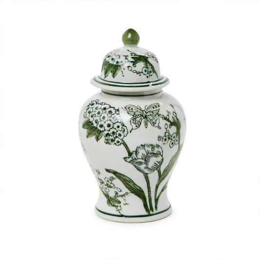 Primrose and Lotus 8" Green and White Chinoiserie Jar with Lid