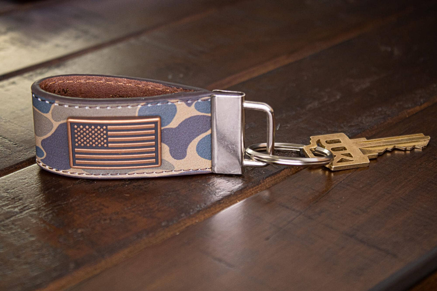 Leather Keychain - USA Flag Old School Camo