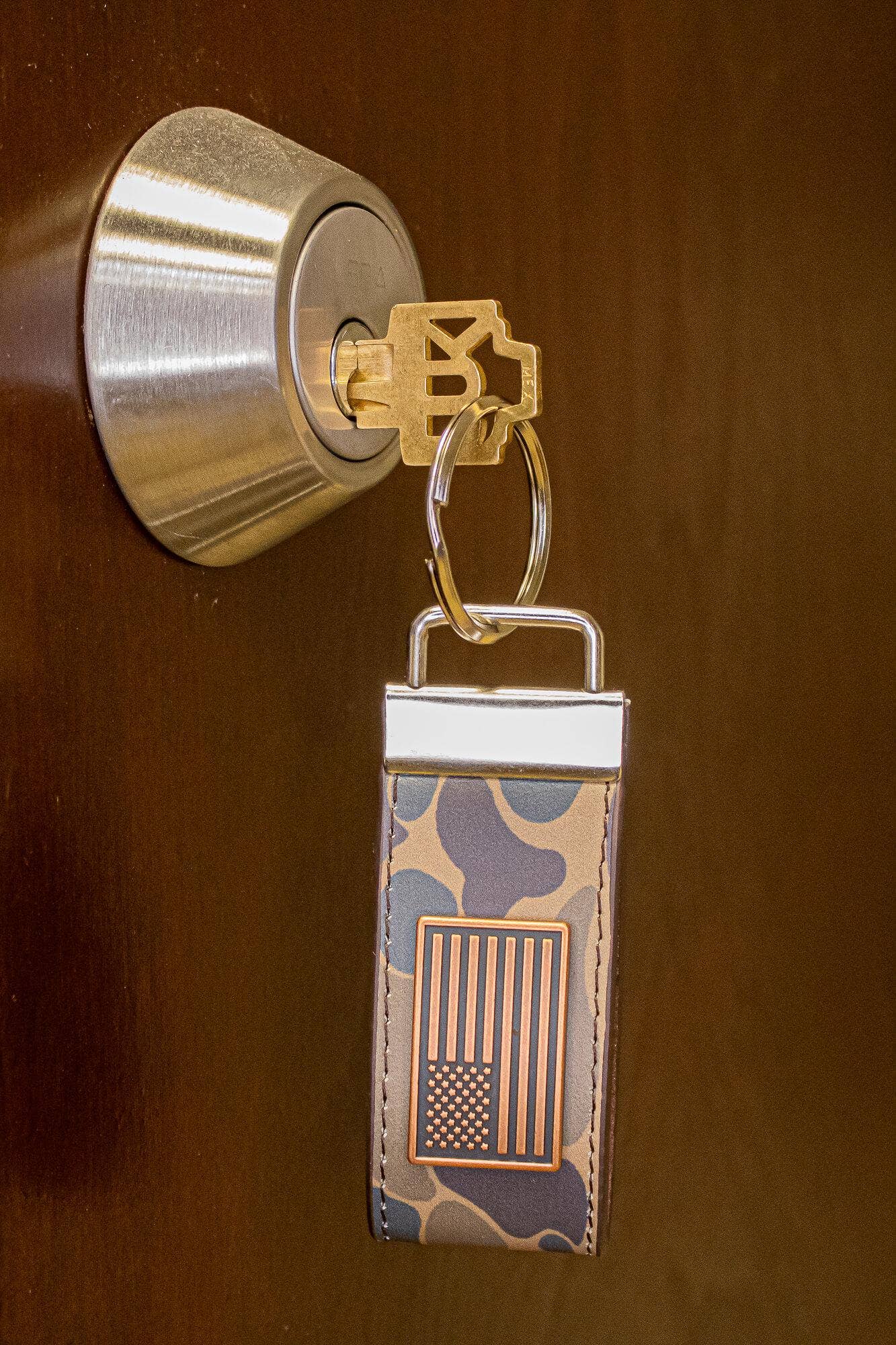Leather Keychain - USA Flag Old School Camo