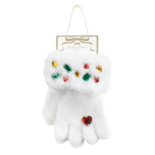 White Glitzy Christmas Rhinestone Gloves