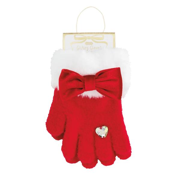 Red Glitzy Bow Christmas Gloves